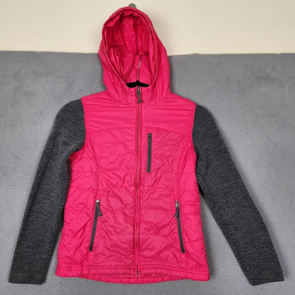 REI Jacket Girls Medium 10/12 Pink Gray Hooded Full Zip Knit Sleeve Outdoors
